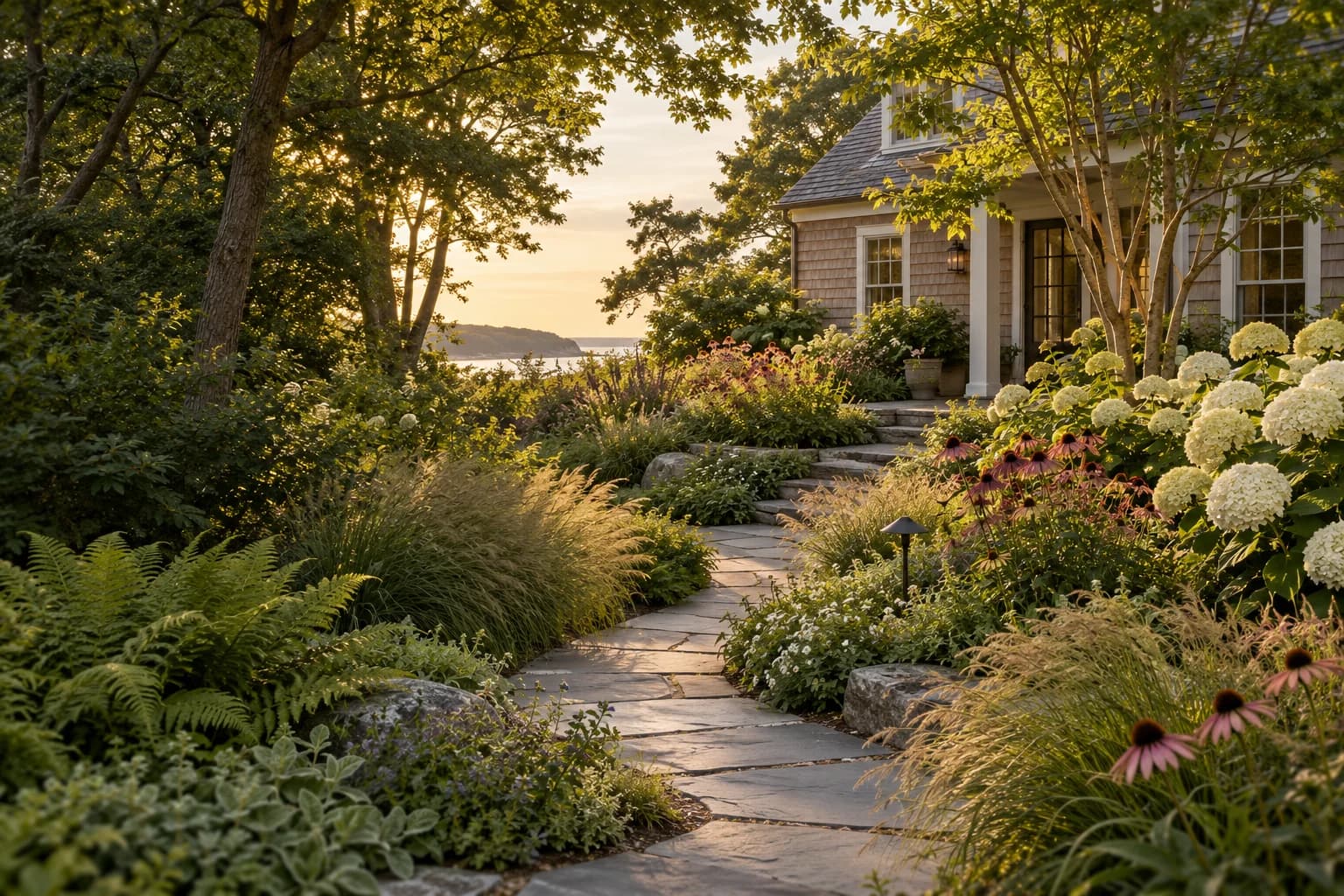 Wide view of a layered garden at golden hour