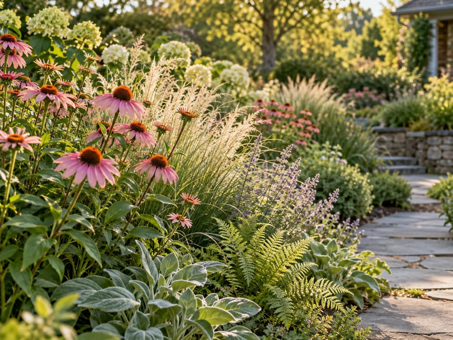 Perennial border with grasses and coneflowers