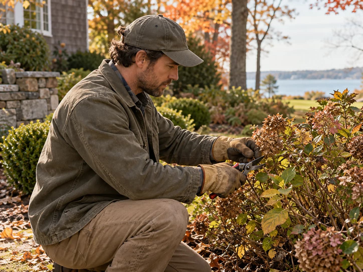 Gardener pruning shrubs in autumn light