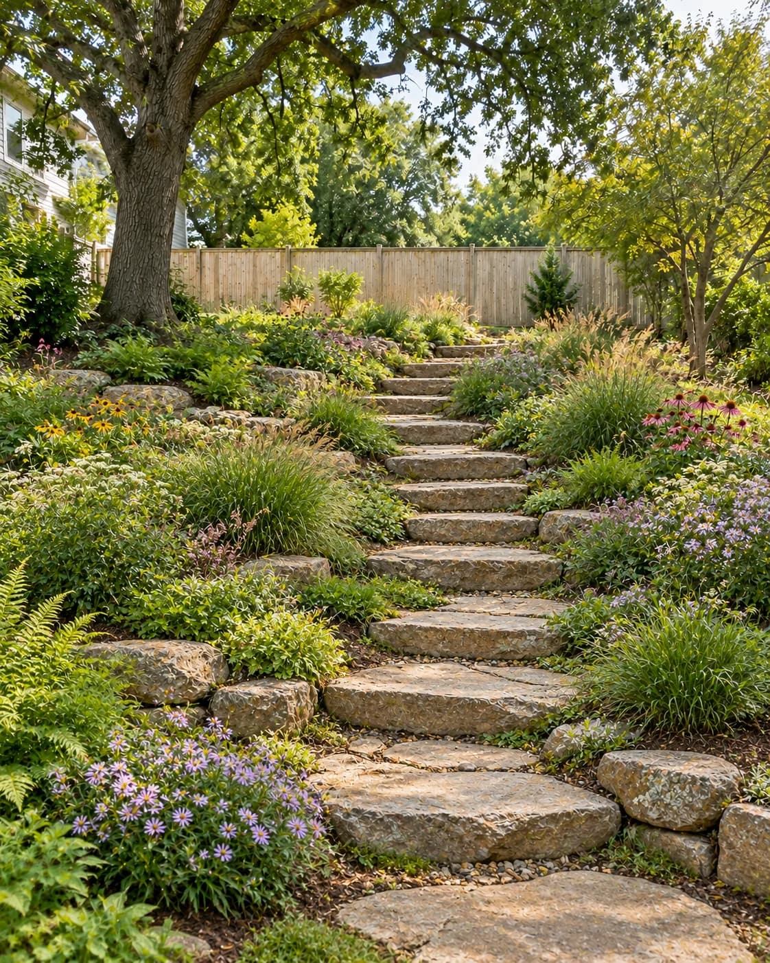 Finished planted slope with a stone path
