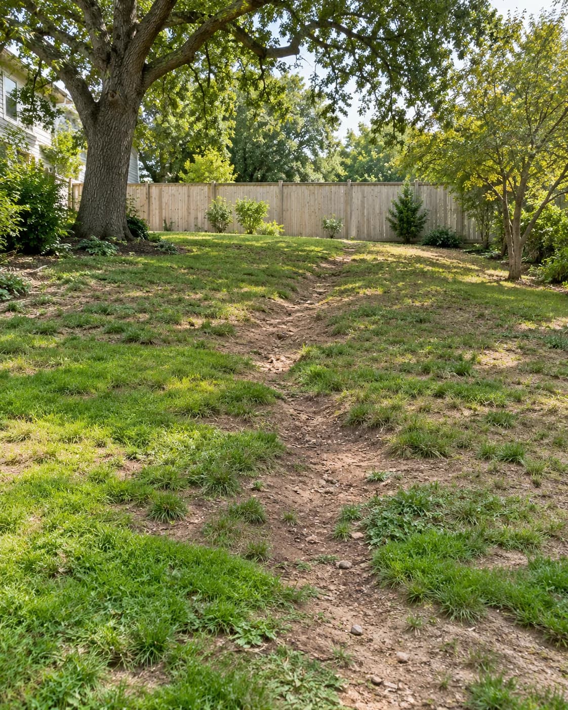 Patchy lawn with an eroded slope