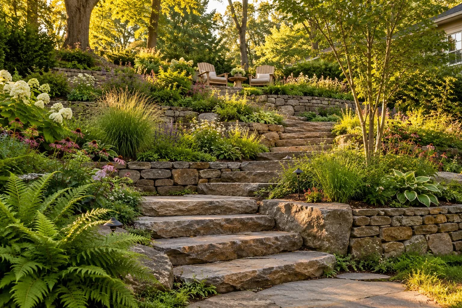Planted terraces climbing a garden hillside