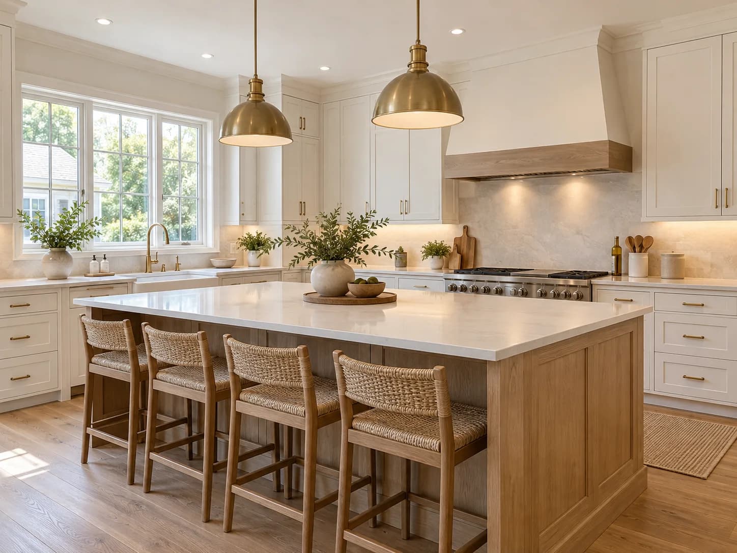 Finished kitchen with an island and pendant lights