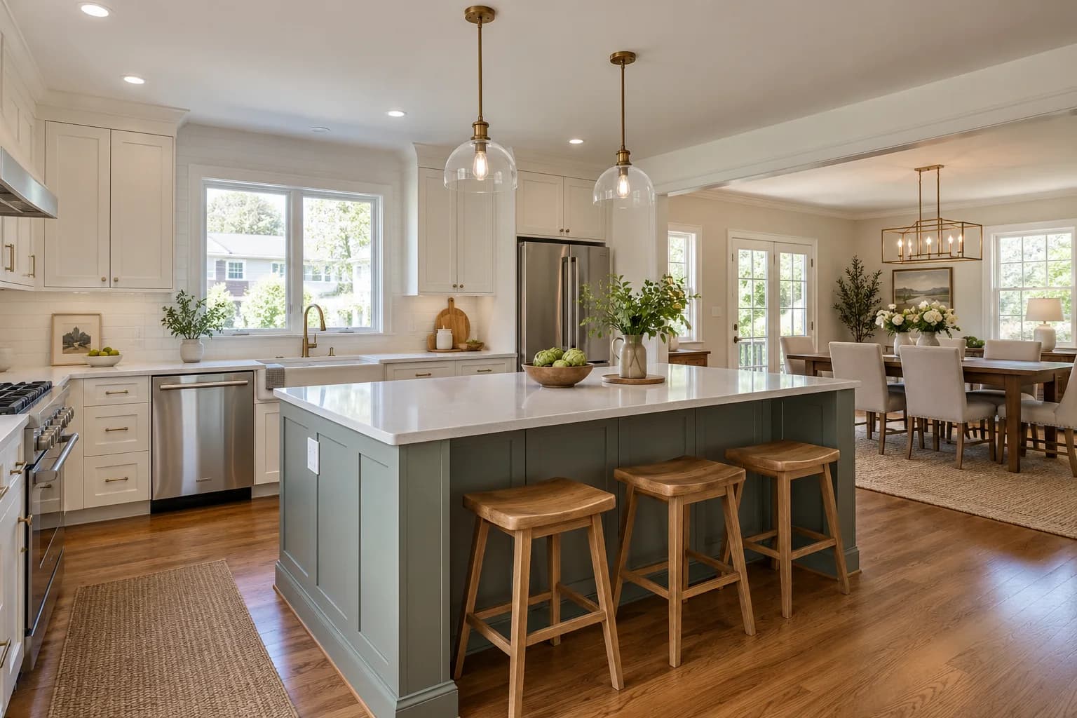 Open-plan kitchen with white cabinetry