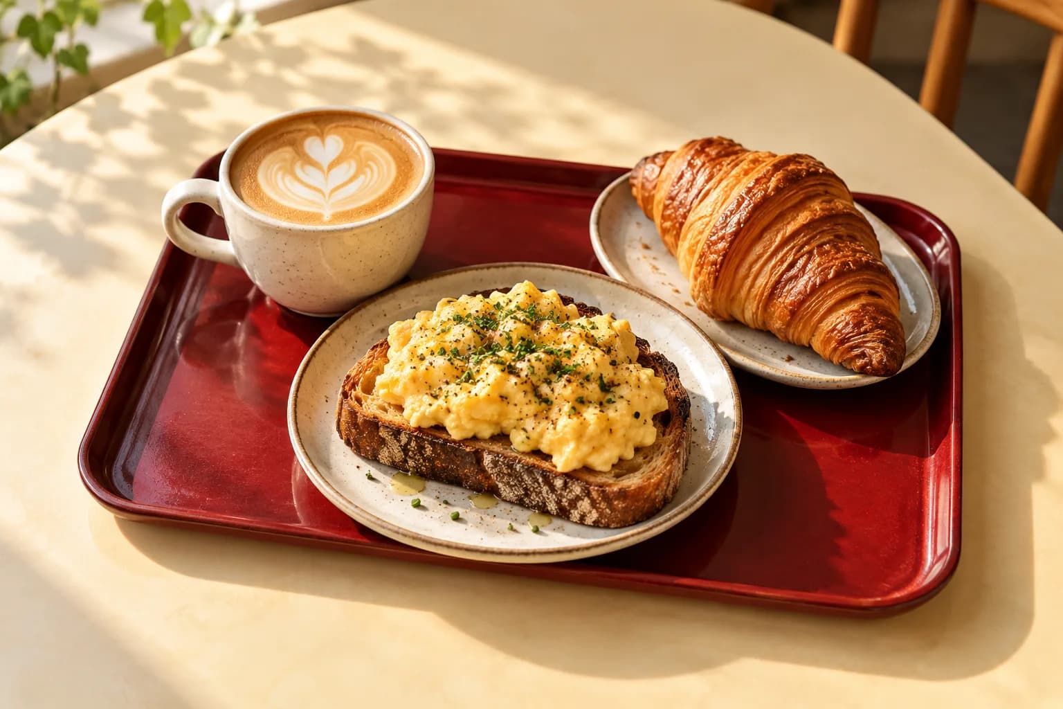 Coffee, scrambled egg toast and a croissant on a red café tray