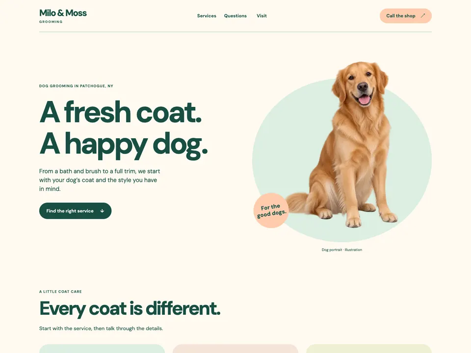 Desktop view of the Milo & Moss Grooming demo website