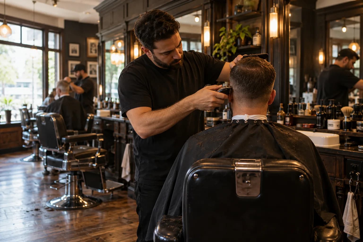 Barber at work, shot from behind the chair