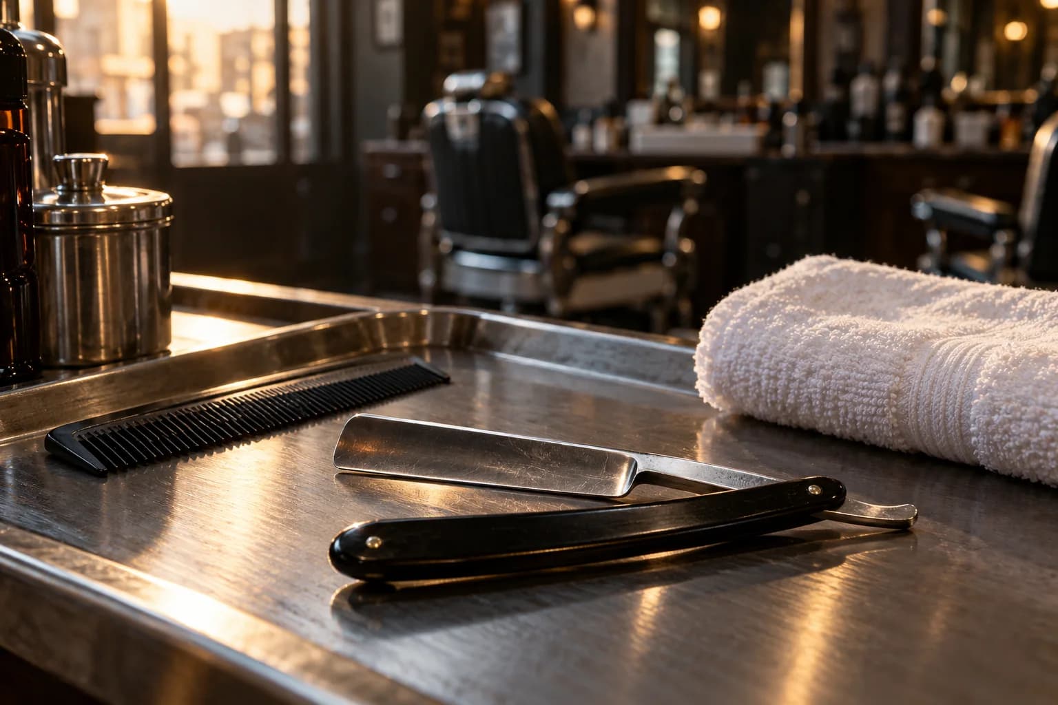 Straight razor and comb on a steel tray
