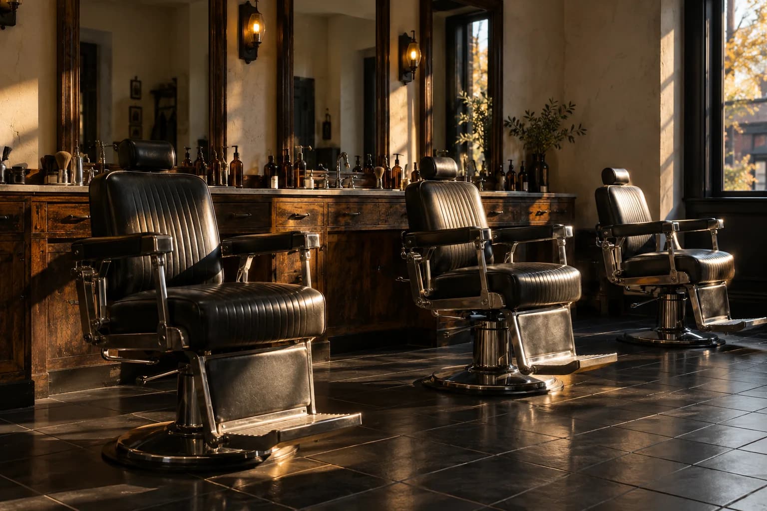 Row of chairs in the shop, late light