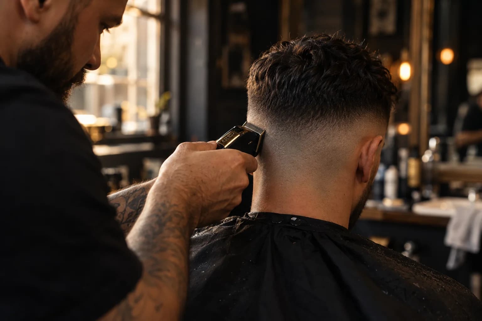 Barber finishing a skin fade, close crop