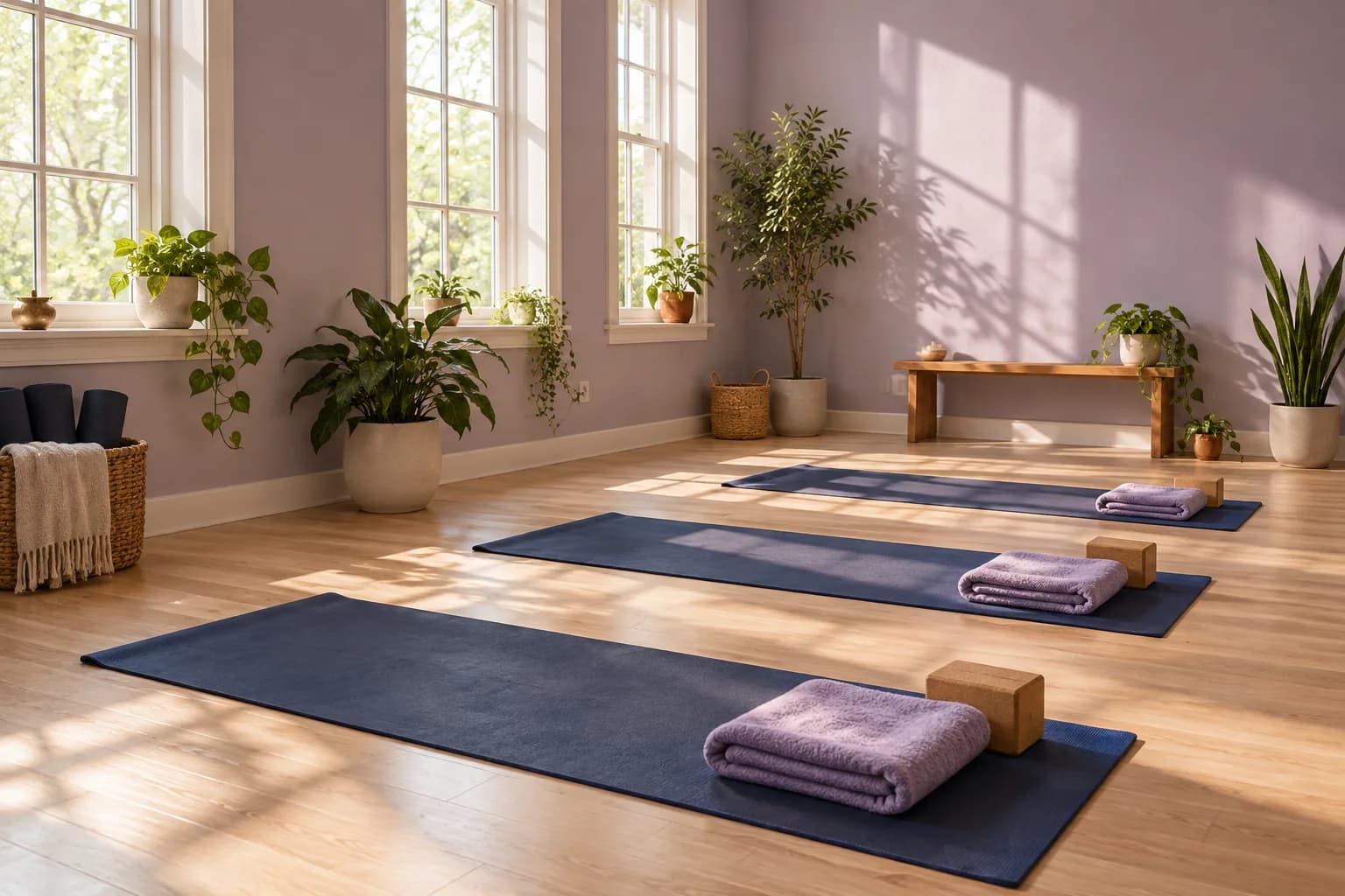Navy exercise mats and lavender towels in a sunlit wood-floor studio